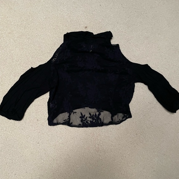 Iris Basic Mesh See-Through Lace Button Down Cold Shoulder Long Sleeve Shirt - Picture 2 of 4